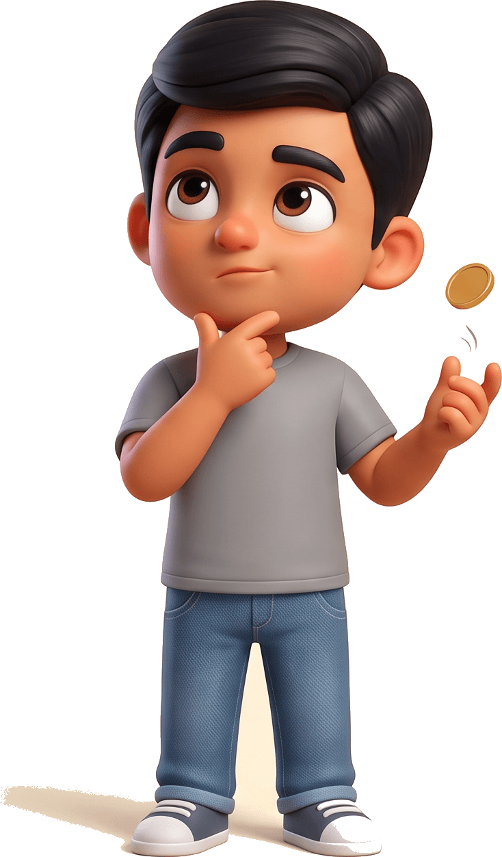 Ishaan weighing his options with a coin in the air, deciding to guess.