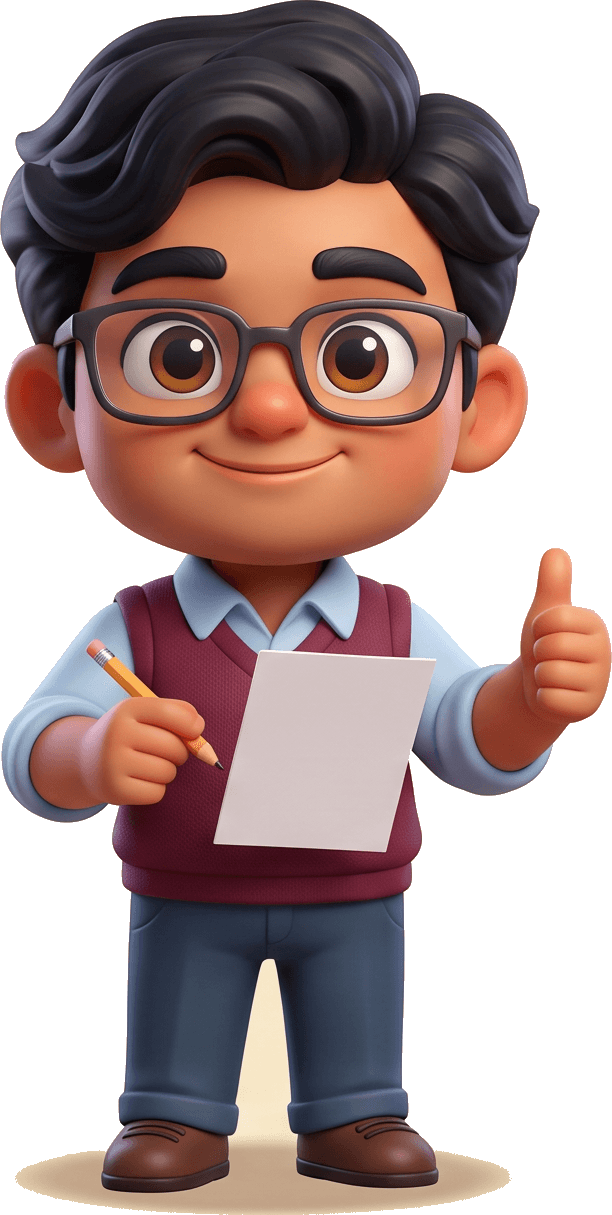 Vishnu in glasses giving a thumbs up with his answer sheet, comfortable on the same paper.